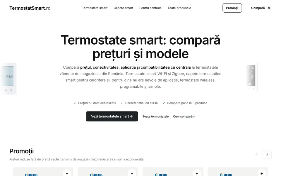 Pagina principală TermostatSmart.ro: comparator de prețuri pentru termostate smart Wi-Fi, Zigbee și capete termostatice
